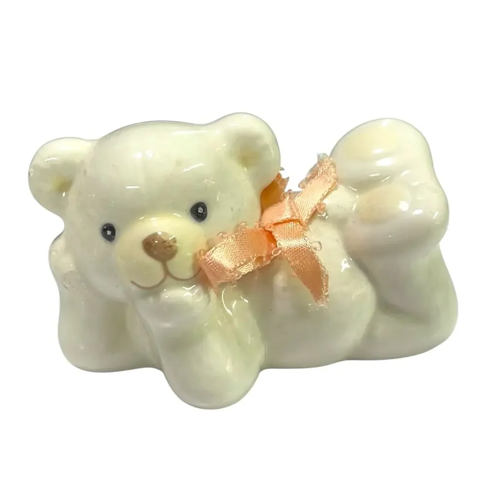 Vintage White Ceramic Teddy Bear Figurine Pink Ribbon 3